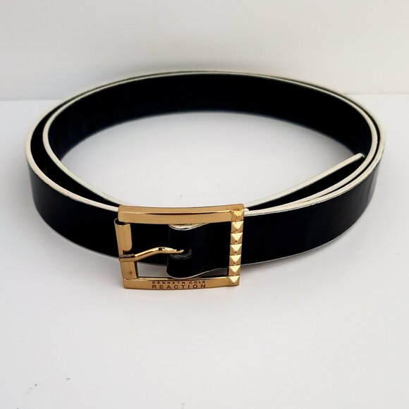 Women's Black Patent Belt KENNETH COLE White Trim Faux Leather Office Career - Picture 2 of 8